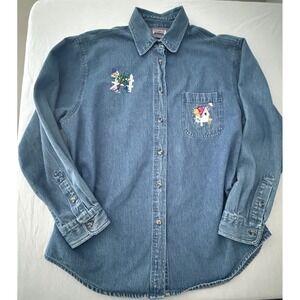 Premier International Denim Shirt Womens Sz M Vintage Garden Embroidered Teacher
